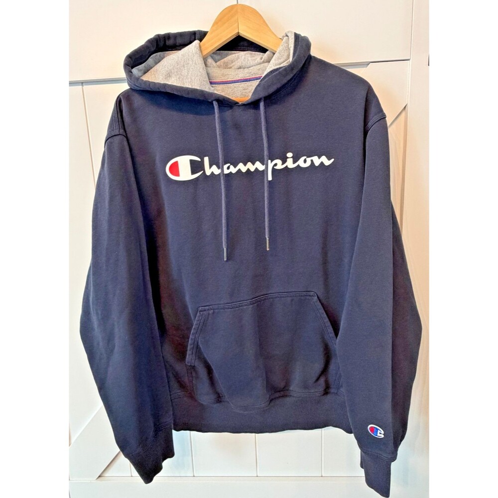 Champion Hoodie Mens Medium Navy Big Logo Pullover Sweatshirt Fleece